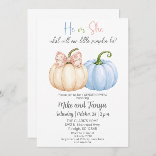 秋秋のカボチャ性別の招待を明らかにする。 招待状 (正面/裏面)