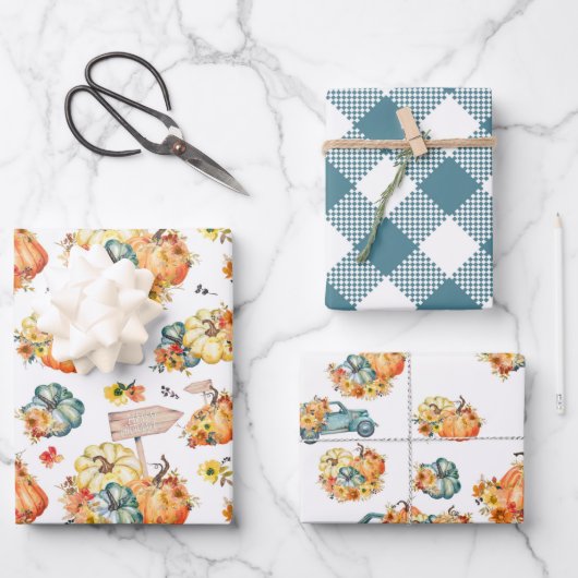 秋秋のカボチャ水色の花トラック ラッピングペーパーシート (正面)