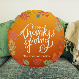 秋秋のデコールファミリー名ハッピーサンクスギビング ラウンドクッション