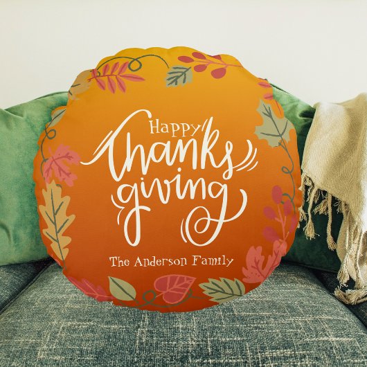 秋秋のデコールファミリー名ハッピーサンクスギビング ラウンドクッション