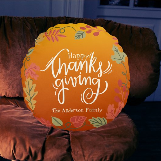 秋秋のデコールファミリー名ハッピーサンクスギビング ラウンドクッション
