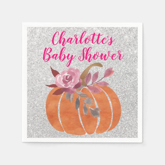 秋秋のフローラカボチャ赤ちゃんシャワーピンクシルバー スタンダードカクテルナプキン (正面)