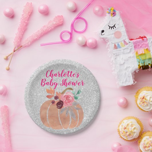 秋秋のフローラカボチャ赤ちゃんシャワーピンクシルバー ペーパープレート (パーティー)
