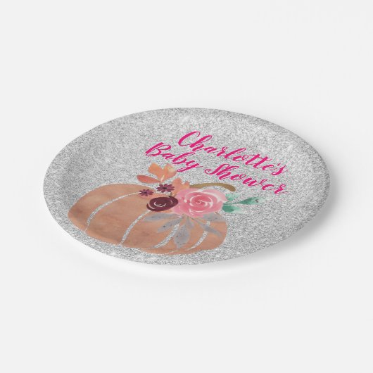 秋秋のフローラカボチャ赤ちゃんシャワーピンクシルバー ペーパープレート (アングル)
