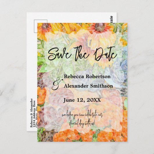 秋秋のフローラ色の結婚式の日付を保存 ポストカード (正面/裏面)