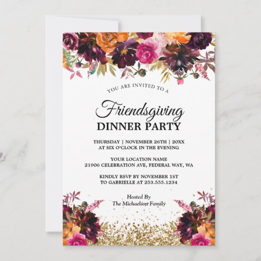 秋秋のフローラ金ゴールドグリッターフレンドシップ 招待状 (正面)