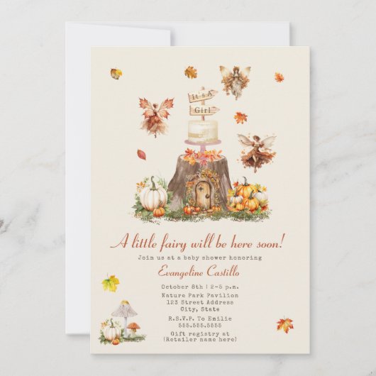 秋秋の妖精ウッドランドガールベビーシャワー 招待状 (正面)