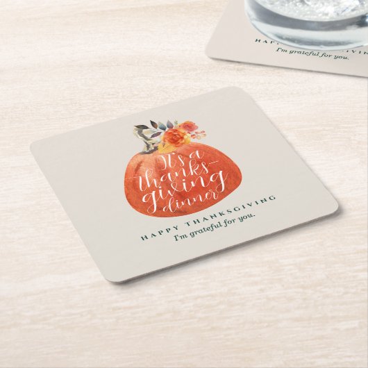 秋秋の感謝祭ウォーターカラーパンプキン スクエアペーパーコースター (アングル)