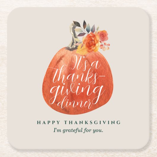秋秋の感謝祭ウォーターカラーパンプキン スクエアペーパーコースター (正面)