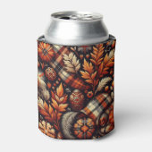 秋秋の格子模様離れオレンジ色の黒 缶クーラー (缶正面)