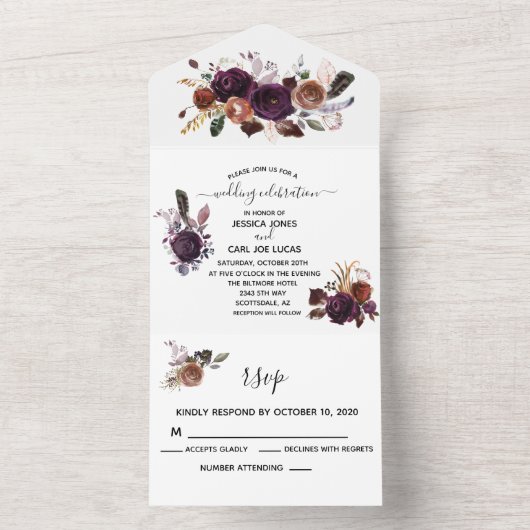 秋秋の梅パープルボホエレガント水彩色 オールインワン招待状 (内側)