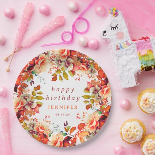 秋秋の水の色フローラ任意の年齢誕生日 ペーパープレート (パーティー)