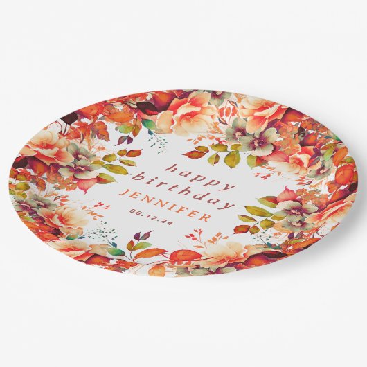 秋秋の水の色フローラ任意の年齢誕生日 ペーパープレート (アングル)