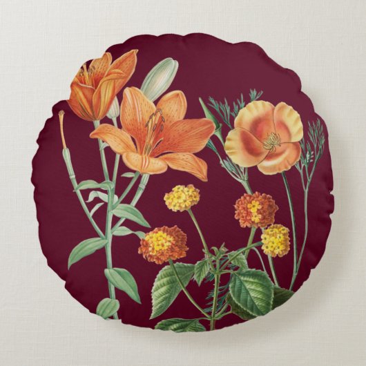秋秋の水カラーオレンジフローラブルゴーニュ ラウンドクッション (正面)