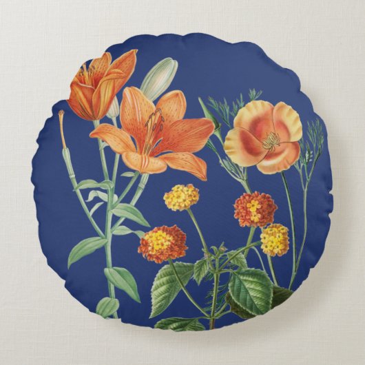 秋秋の水色オレンジ色フローラブルー ラウンドクッション (正面)