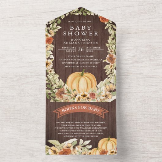 秋秋の自然フローラウッドカボチャ赤ちゃんシャワー オールインワン招待状 (内側)