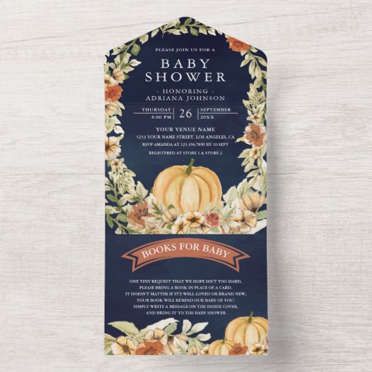 秋秋の自然フローラカボチャ海軍ベビーシャワー オールインワン招待状 (内側)