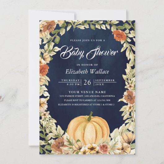 秋秋の自然フローラカボチャ海軍ベビーシャワー 招待状 (正面)