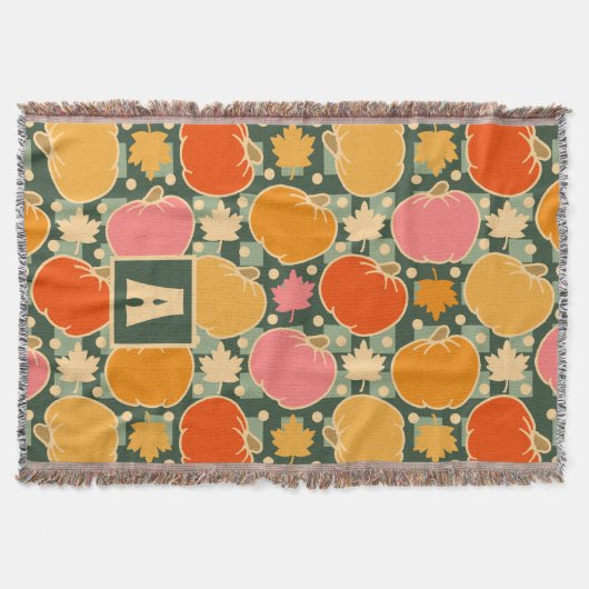 秋秋の花&パンプキンズボホグリーンプレイド スローブランケット (正面)