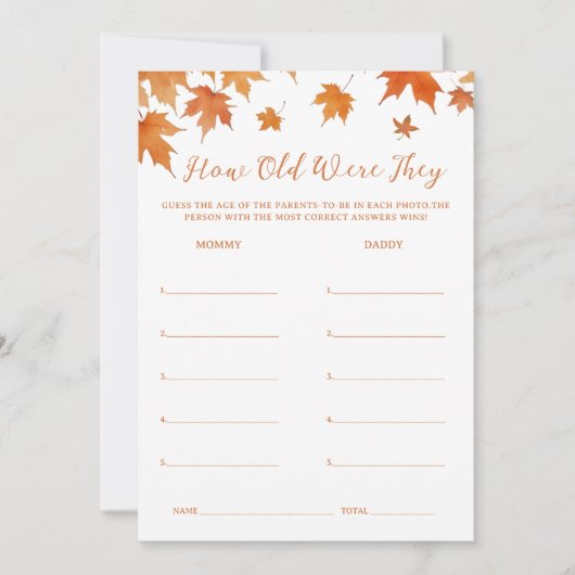 秋秋の赤ちゃんシャワー年齢のゲームカードを推測 招待状 (正面)