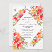 秋秋の赤オレンジ色のフローラ水結婚色 招待状 (正面)