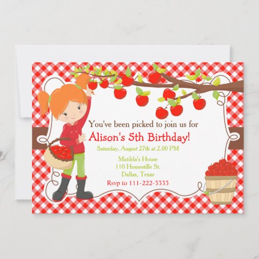 秋秋りんご摘み赤毛誕生日 招待状 (正面)