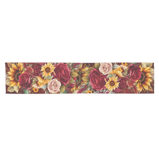 秋秋をテーマにした燃えるバラヒマワリ ショートテーブルランナー (横)