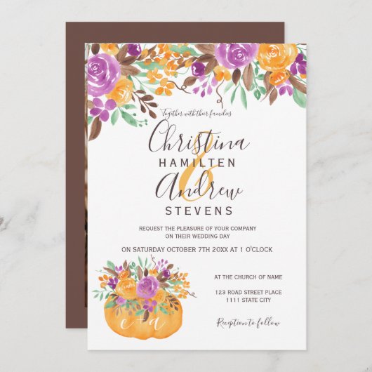 秋秋カボチャフローラオレンジ写真結婚ズ 招待状 (正面/裏面)