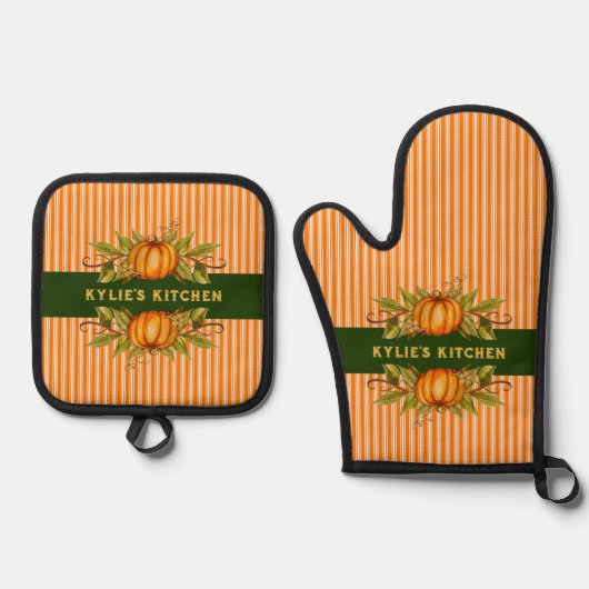 秋秋サンクスギビングカボチャストライプのンオレンジ 鍋つかみ&鍋敷きセット (正面)