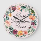 秋秋バラフラワーフローラリース最高の祖母 ラージ壁時計 (正面)