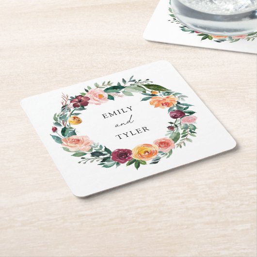 秋秋バラフラワーフローラ結婚リース スクエアペーパーコースター (アングル)