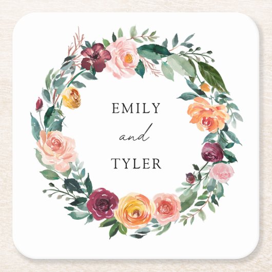 秋秋バラフラワーフローラ結婚リース スクエアペーパーコースター (正面)