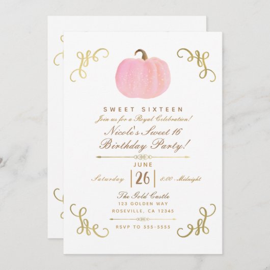 秋秋ピンクスパークルパンプキンスウィート16パーティー 招待状 (正面/裏面)