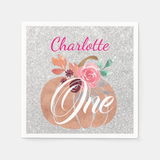 秋秋フローラカボチャ1stバースデーワンシルバー スタンダードカクテルナプキン (正面)