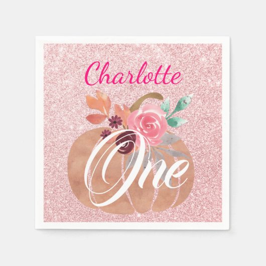 秋秋フローラカボチャ1st誕生日バラ金ゴールド スタンダードカクテルナプキン (正面)