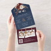 秋秋ブルゴーニュフローラQRコードネイビー結婚ズ オールインワン招待状 (貼ってはがせる)