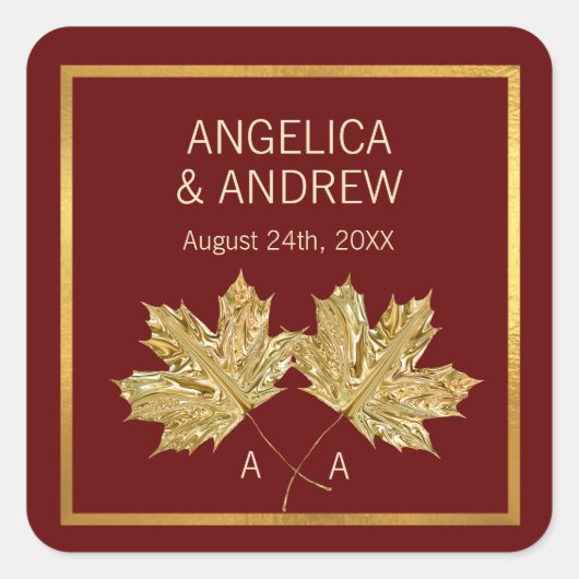 秋秋ブルゴーニュ金ゴールドメープルリーフ結婚ズ スクエアシール (正面)