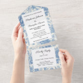 秋秋ブルーホワイトフローラ結婚ズ オールインワン招待状 (貼ってはがせる)