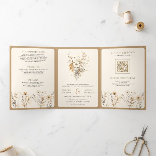 秋秋ボホ山花写真QRコードウェディング 三つ折り招待状 (内部)