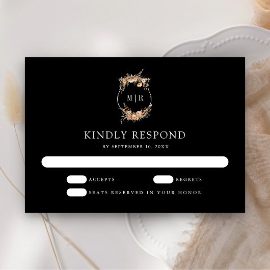 秋秋ワイルドフラワークレスト結婚ブラック 出欠カード