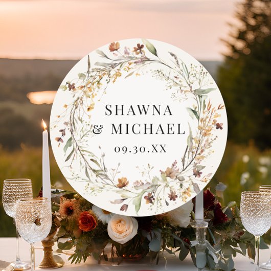 秋秋ワイルドフラワーリースウォーターカラー結婚ズ ラウンドシール