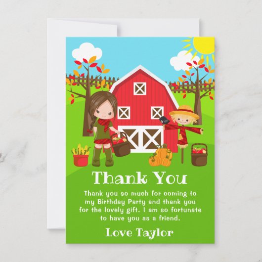 秋秋納屋周囲の庭誕生日ブラウンヘアガール サンキューカード (正面)