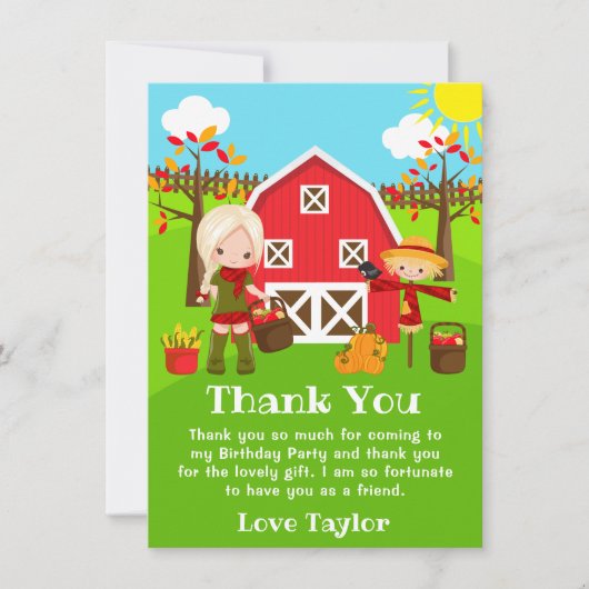 秋秋納屋周囲の庭誕生日ブロンドヘアガール サンキューカード (正面)
