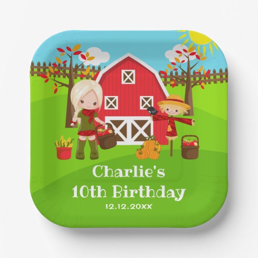 秋秋納屋周囲の庭誕生日ブロンドヘアガール ペーパープレート (正面)