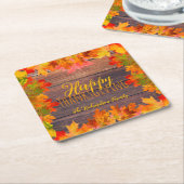 秋紅葉オンバーンウッドハッピーサンクスギビング スクエアペーパーコースター (アングル)