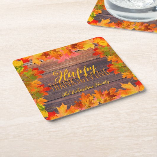 秋紅葉オンバーンウッドハッピーサンクスギビング スクエアペーパーコースター (アングル)