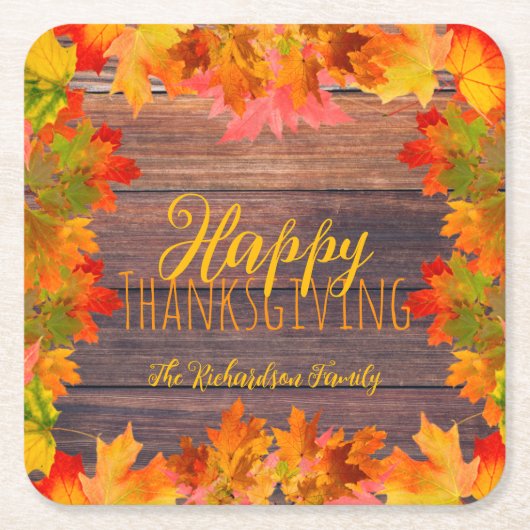 秋紅葉オンバーンウッドハッピーサンクスギビング スクエアペーパーコースター (正面)