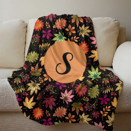 秋紅葉パターン黒とモノグラム フリースブランケット