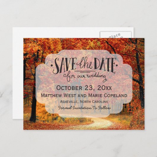 秋紅葉素朴ウェディング日付の保存 案内ポストカード (正面/裏面)