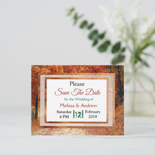 秋紅葉結婚式日付の保存 案内ポストカード (スタンド正面)